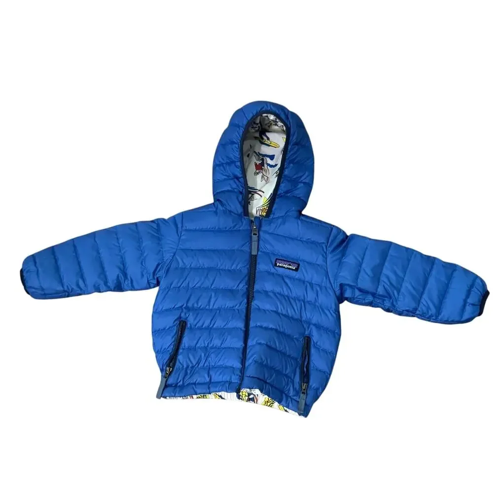 Patagonia Baby Reversible Down Sweater Hoody 2T Badger Dyno White Blue